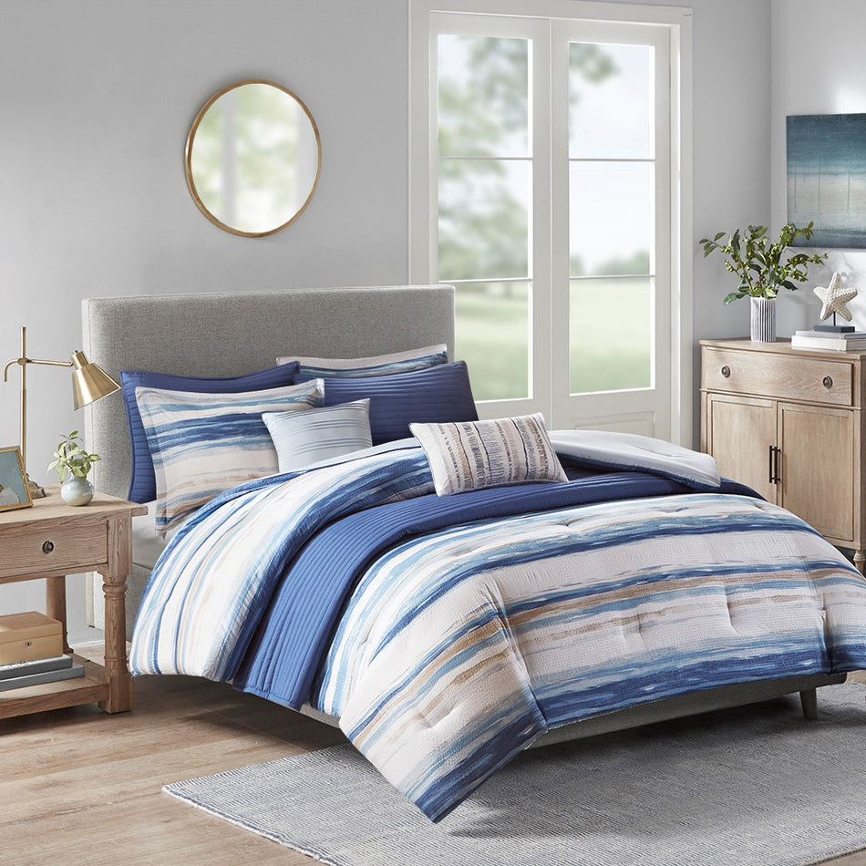 Madison Park Marina 8 Piece Printed Seersucker Comforter and Coverlet Set Collection - Blue - King Size / Cal King Size
