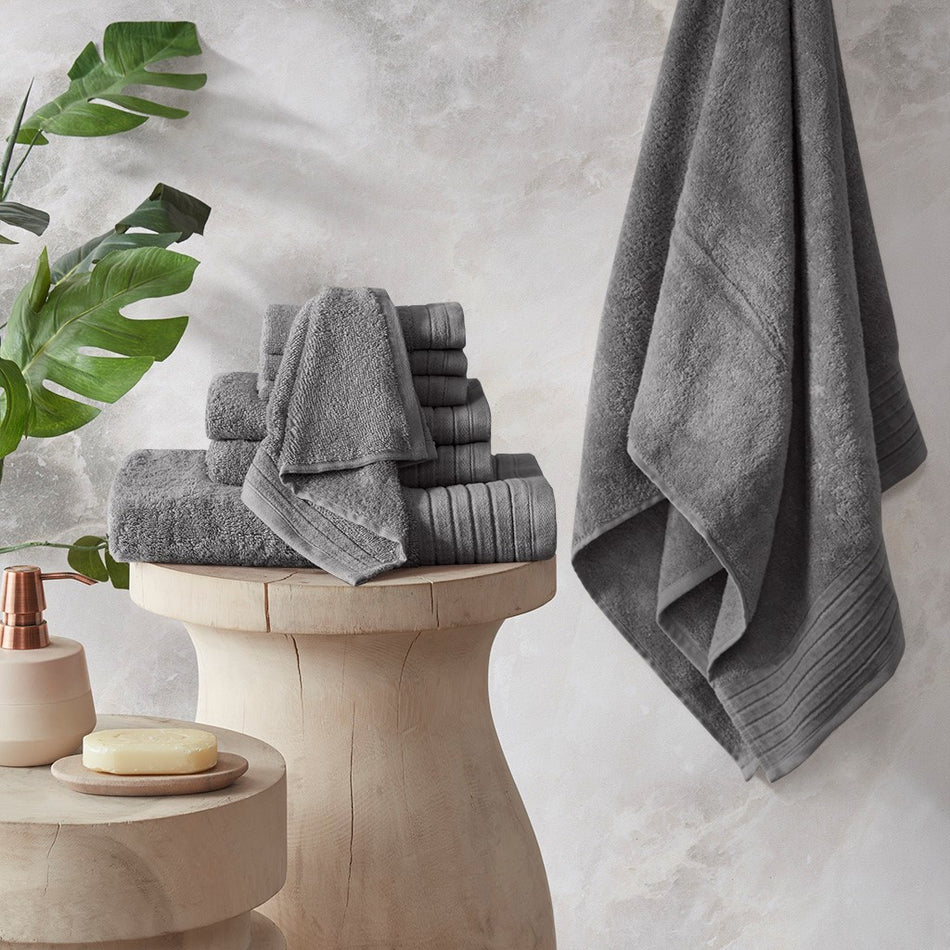 Madison Park Signature Mirage Solid 100% Cotton 8 Piece Antimicrobial Towel Set - Charcoal