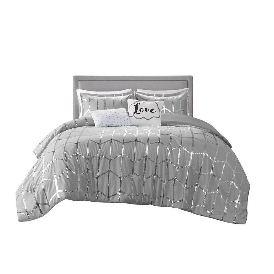 Raina Metallic Printed Comforter Set - Grey / Silver - Full Size / Queen Size