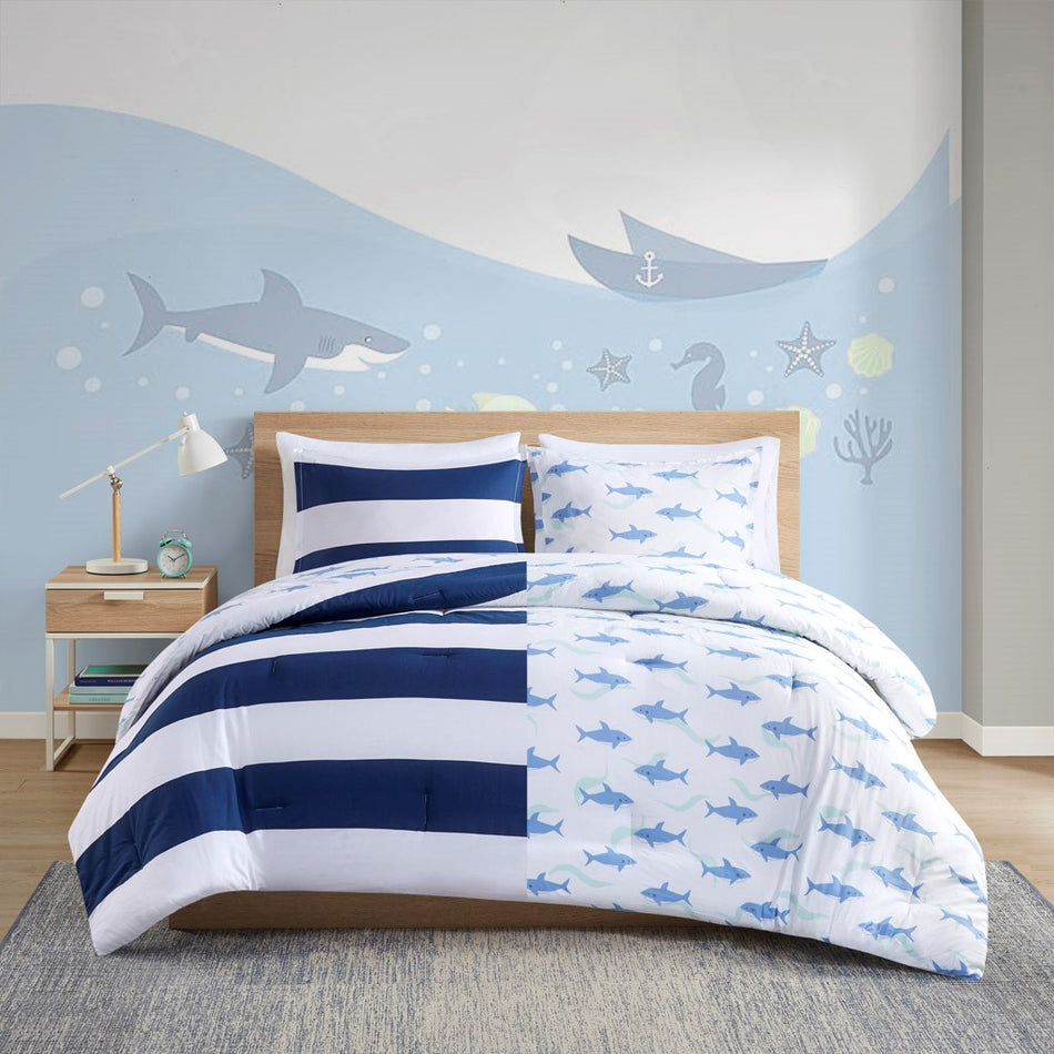Sammie Cotton Cabana Stripe Reversible Comforter Set with Shark Reverse - Navy - Full Size / Queen Size