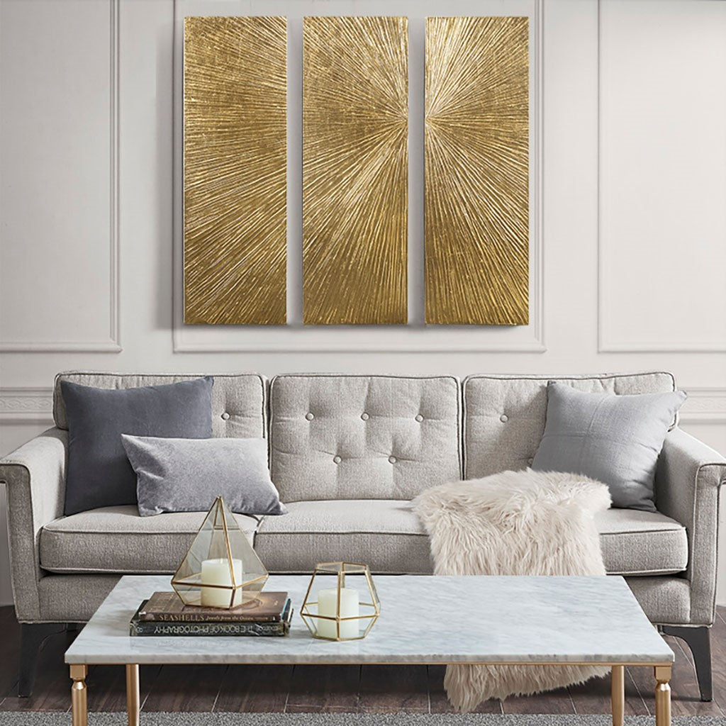 Madison Park Signature Sunburst Metallic Gold 100% Hand Painted Dimensional Resin Wall Decor 15x45" 3 Piece Set - Gold