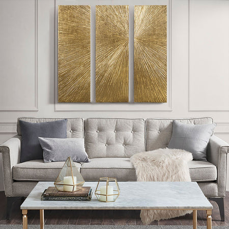 Madison Park Signature Sunburst Metallic Gold 100% Hand Painted Dimensional Resin Wall Decor 15x45" 3 Piece Set - Gold