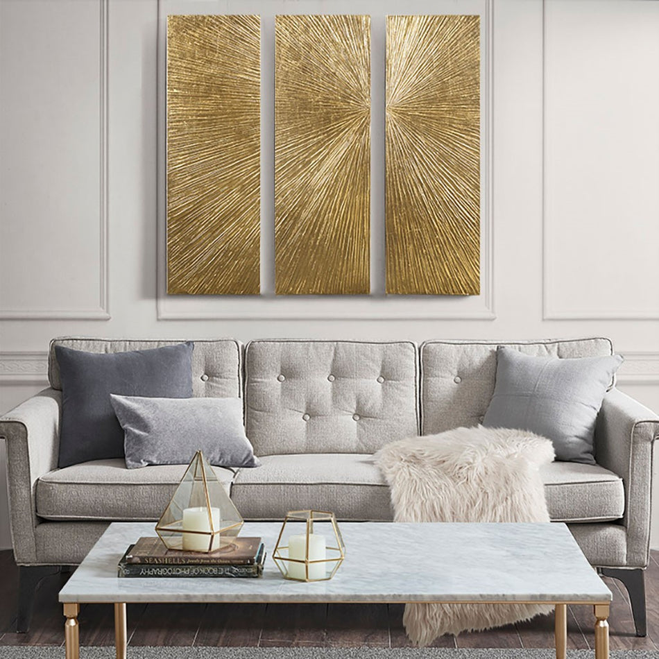 Madison Park Signature Sunburst Metallic Gold 100% Hand Painted Dimensional Resin Wall Decor 15x45" 3 Piece Set - Gold