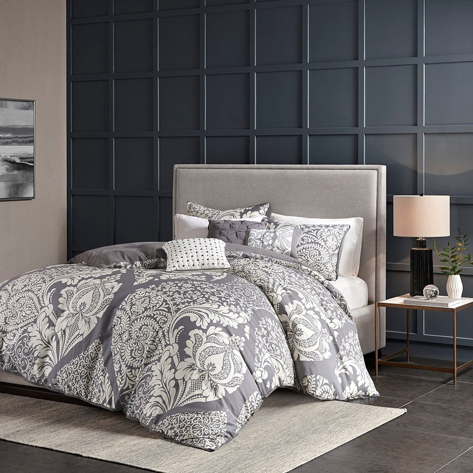 Madison Park Vienna 6 Piece Printed Duvet Cover Set - Grey - Full Size / Queen Size