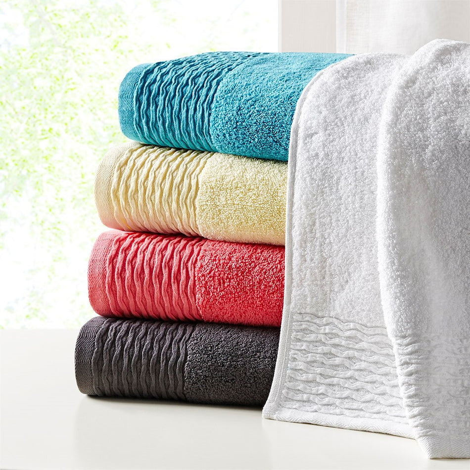 Madison Park Breeze Jacquard Wavy Border Zero Twist Antimicrobial Cotton Towel Set - Yellow 