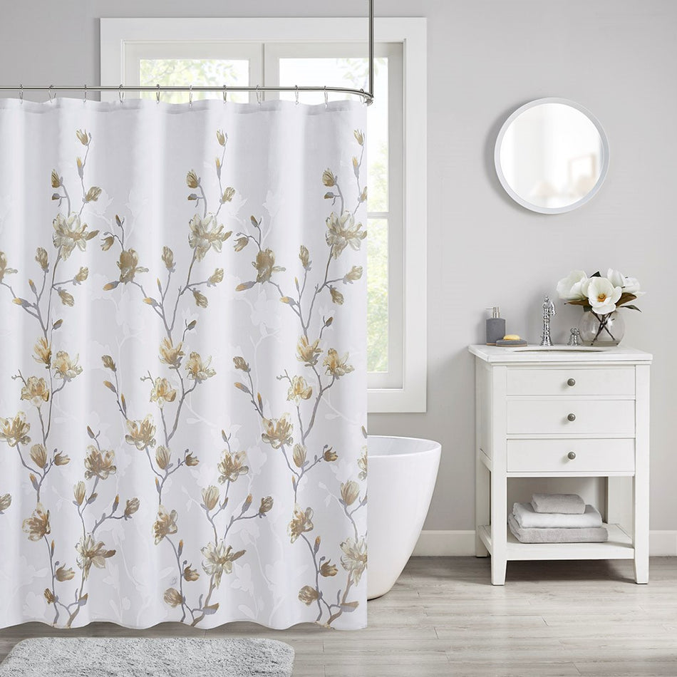 Madison Park Magnolia Floral Printed Burnout Shower Curtain - Yellow - 72x72"