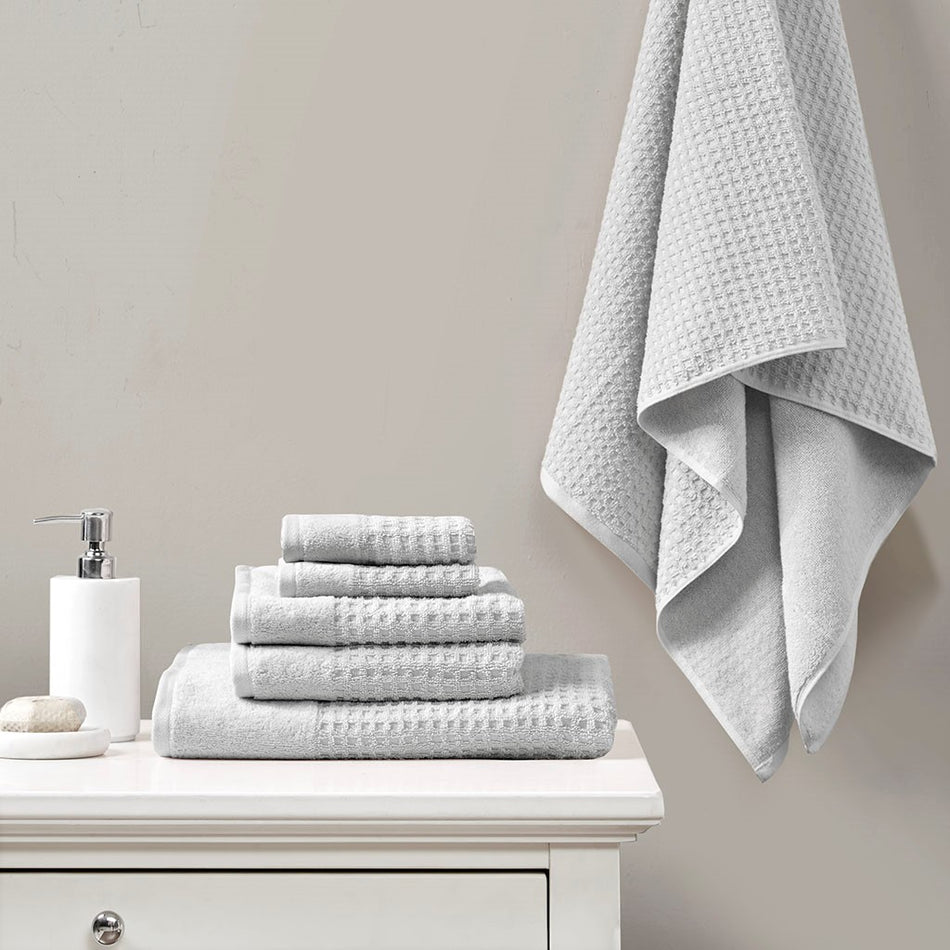 Madison Park Spa Waffle Cotton Waffle Jacquard Antimicrobial Bath Towel 6 Piece Set - Grey
