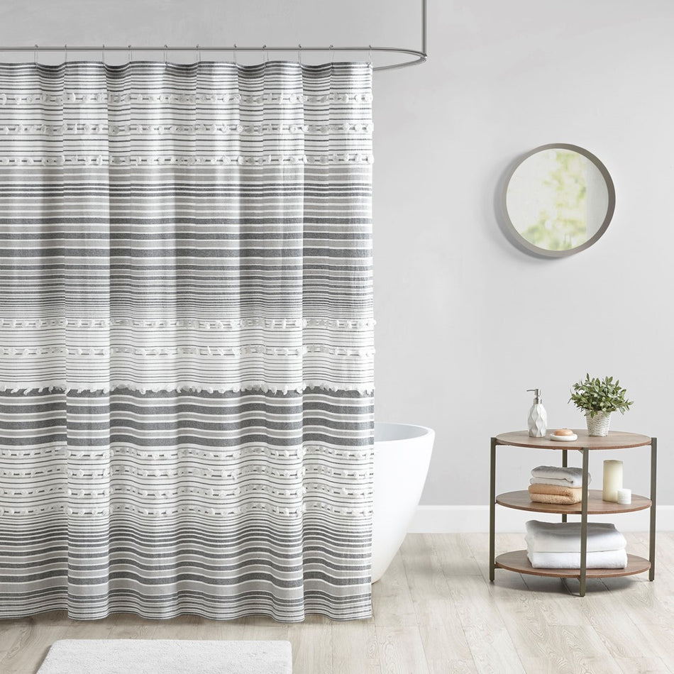 Urban Habitat Calum Cotton Yarn Dye Shower Curtain with Pom Poms - Grey - 70x72"