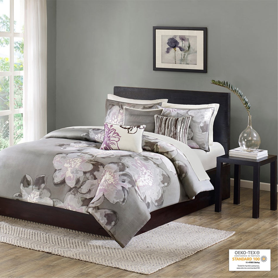 Madison Park Serena 6 Piece Printed Duvet Cover Set - Grey - Queen Size