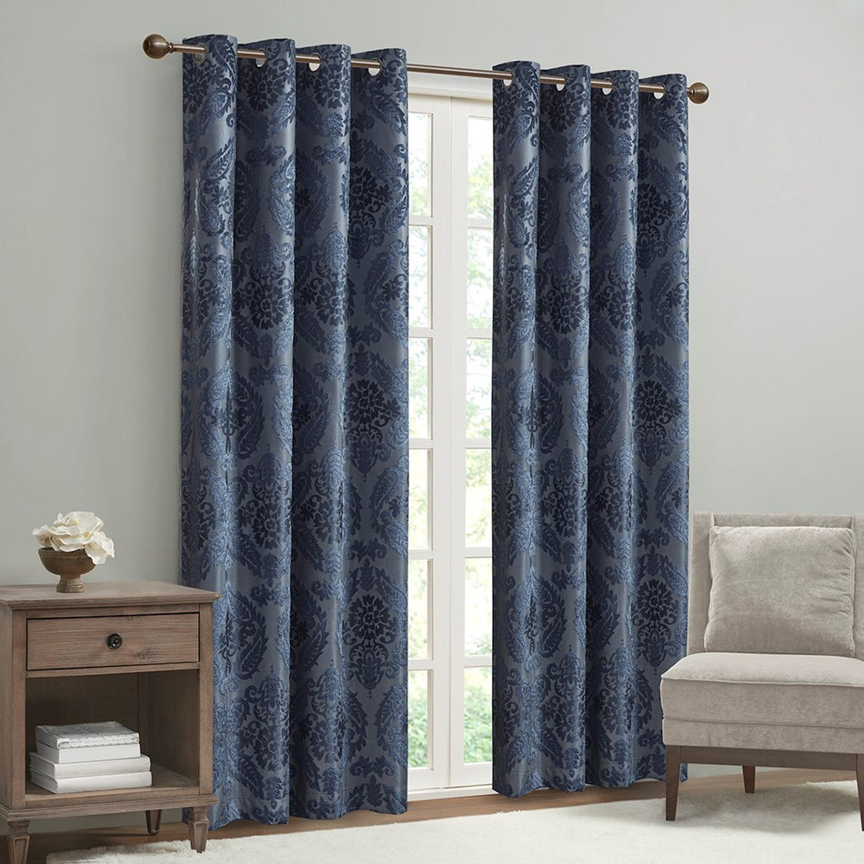 Amelia Knitted Jacquard Paisley Total Blackout Grommet Top Curtain Panel - Navy - 95" Panel