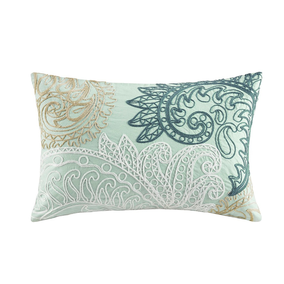 INK+IVY Kiran Cotton Oblong Pillow with Chain Stitch - Aqua - 12x18"