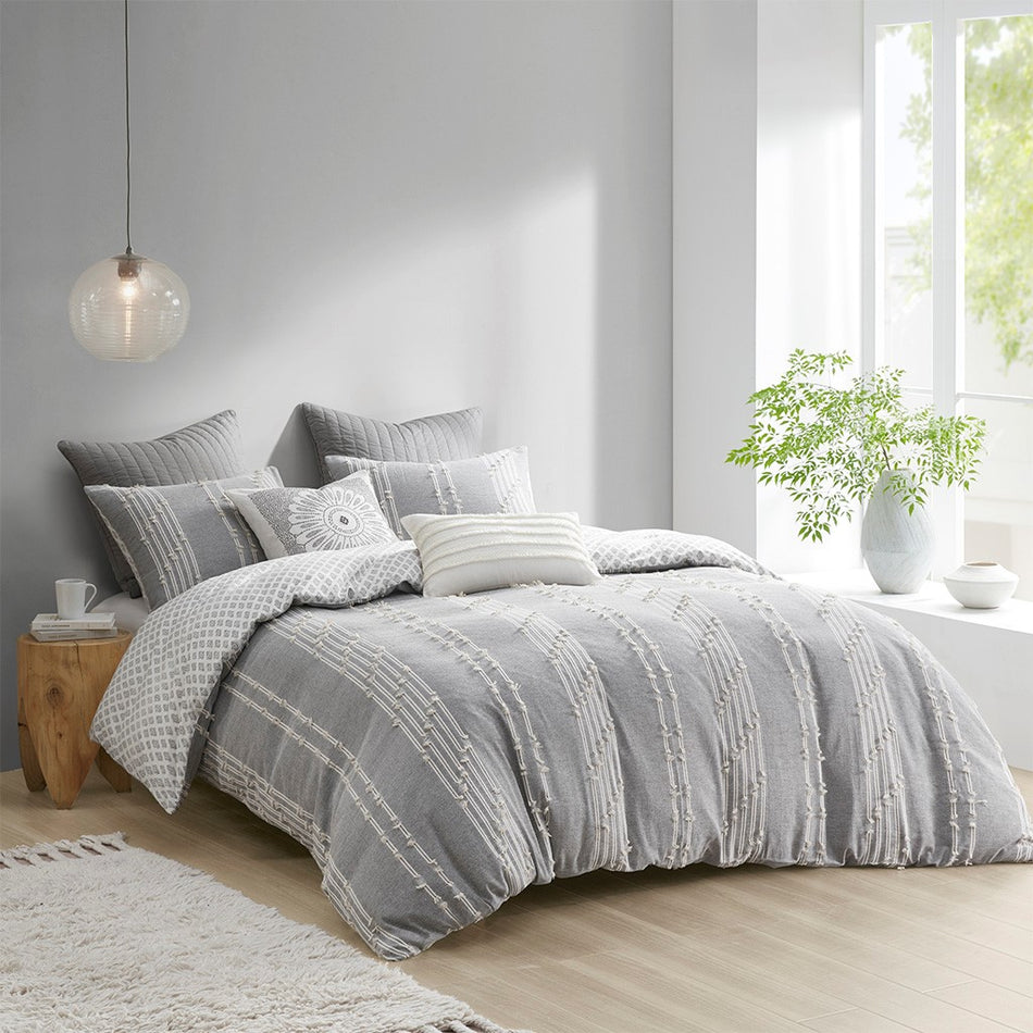 INK+IVY Kara 3 Piece Cotton Jacquard Comforter Set - Gray - Full Size / Queen Size