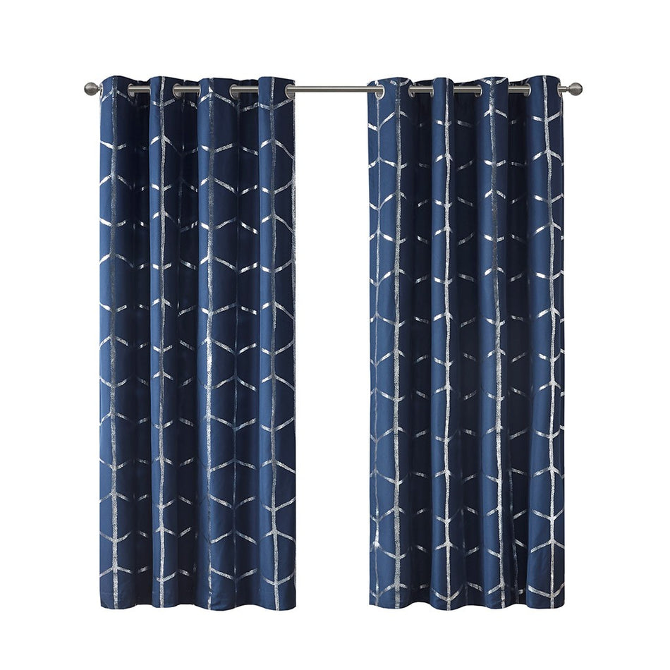 Raina Total Blackout Metallic Print Grommet Top Curtain Panel - Navy - 50x63"