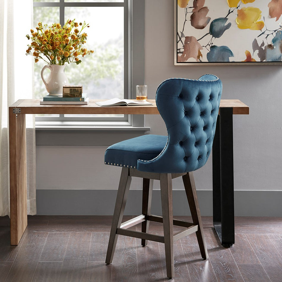 Madison Park Hancock High Wingback Button Tufted Upholstered 27" Swivel Counter Stool with Nailhead Accent - Dark Blue