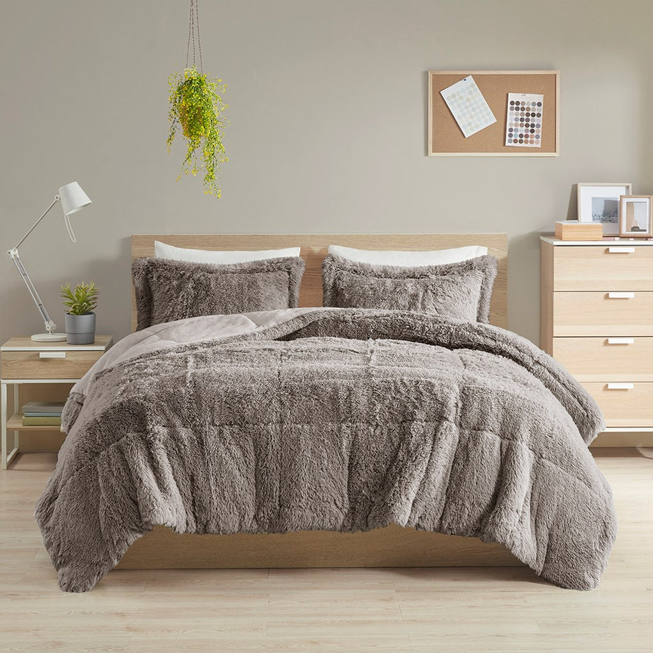 Malea Shaggy Faux Fur Comforter Mini Set - Grey - Full Size / Queen Size