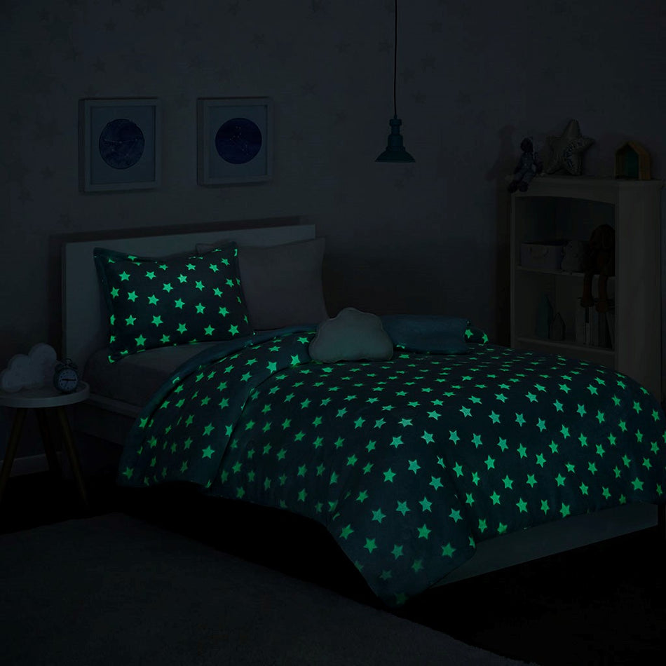 Quinny Glow In The Dark Plush Comforter Set - Aqua - Full Size / Queen Size
