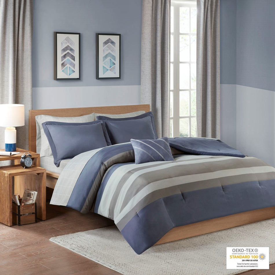 Intelligent Design Marsden Striped Comforter Set with Bed Sheets - Blue / Grey - Queen Size