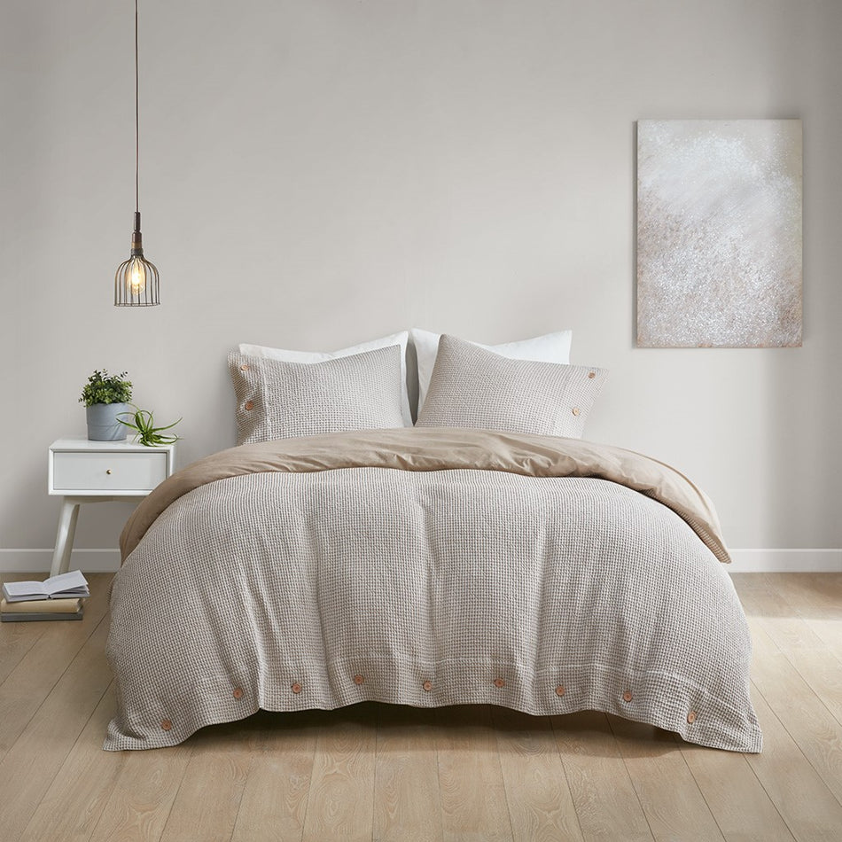 Clean Spaces Mara 3 Piece Cotton and Rayon from Bamboo Blend Waffle Weave Duvet Cover Set - Taupe  - Full Size / Queen Size Shop Online & Save - ExpressHomeDirect.com