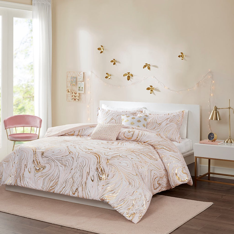 Rebecca Metallic Printed Comforter Set - Blush / Gold - Full Size / Queen Size