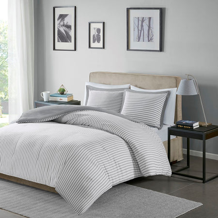 Madison Park Essentials Hayden Reversible Yarn Dyed Stripe Duvet Cover Set - Grey - Twin Size