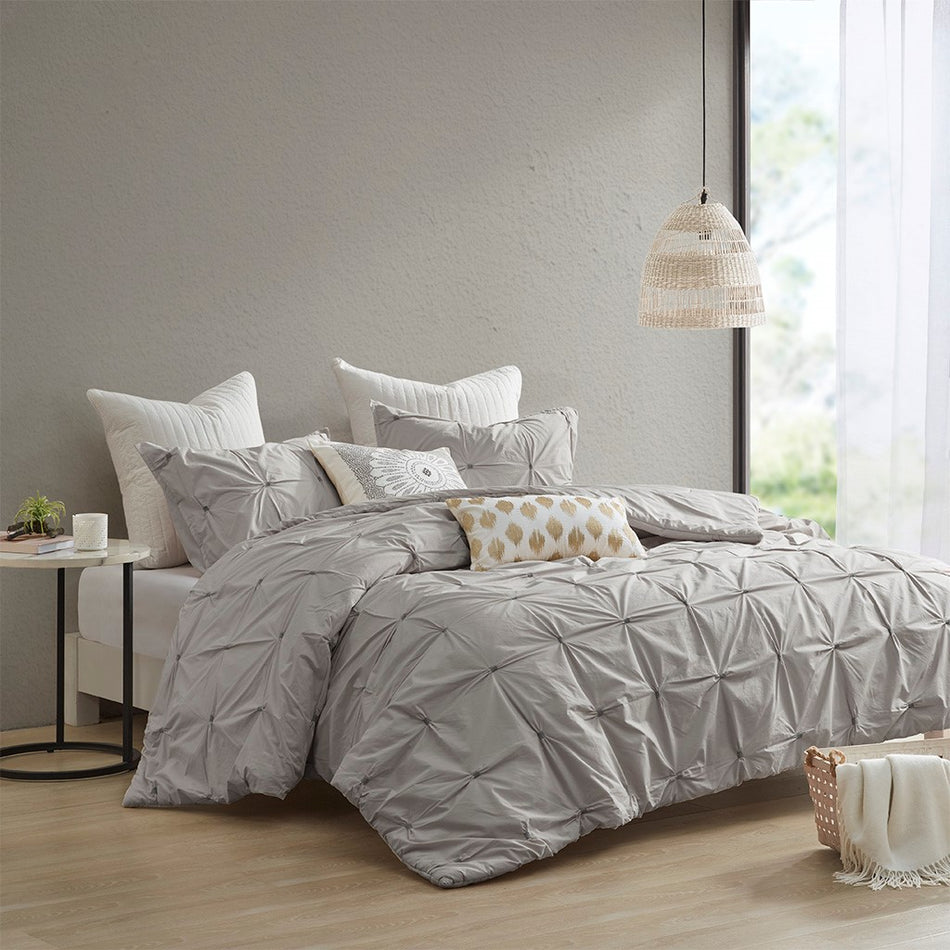 INK+IVY Masie 3 Piece Elastic Embroidered Cotton Duvet Cover Set - Gray - Full Size / Queen Size