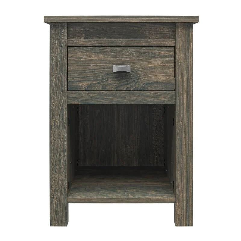 Farmhouse 1-Drawer Bedroom Nightstand with Open Shelf in Rustic Grey Oak