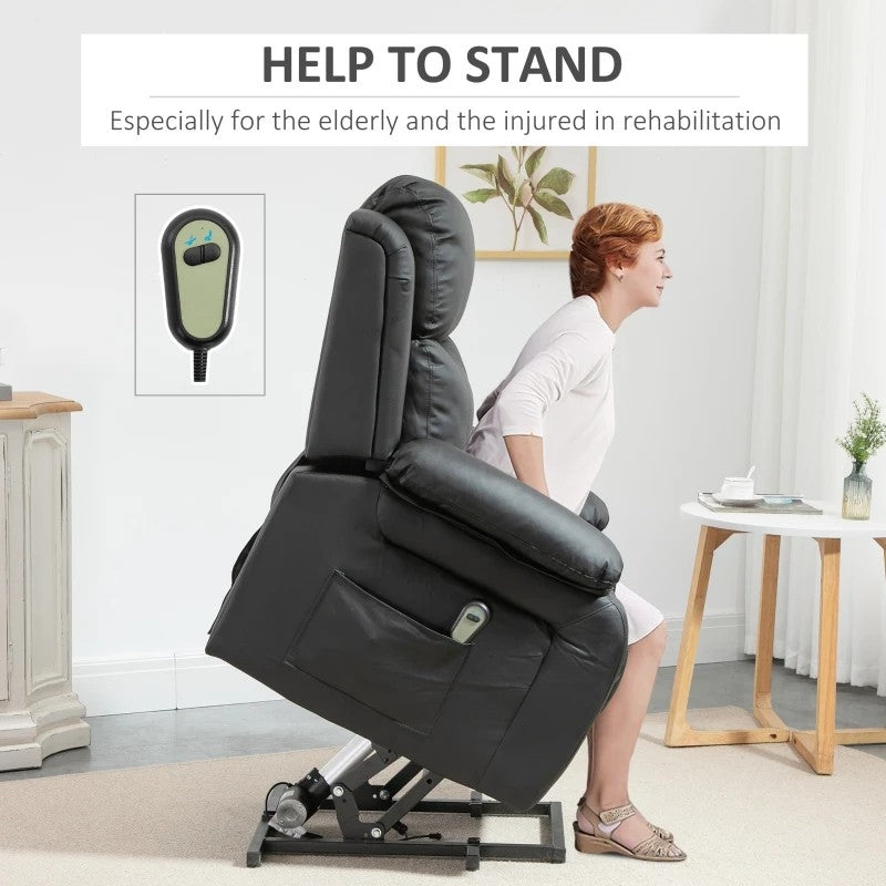 Black Electric PU Leather Power Lift Chair with Remote Control & Side Pockets