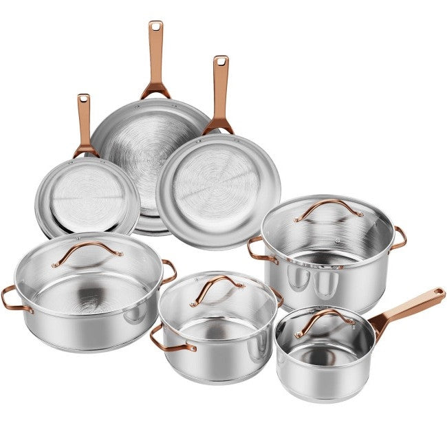 11 Piece Stainless Steel Kitchen Cookware Set Gold Handles