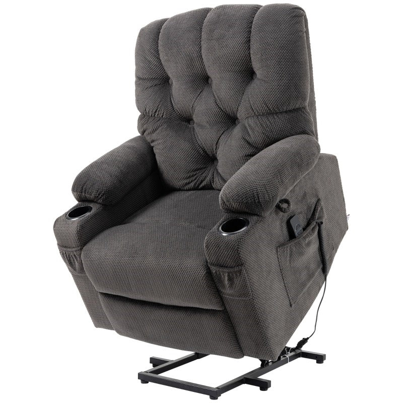 Dark Grey Upholstered Power Lift Chair Recliner with USB Ports, Cup Holders, Side Pockets