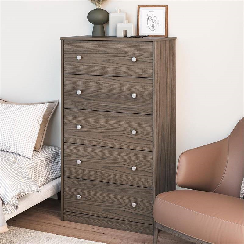 Modern 5-Drawer Bedroom Chest in Rustic Grey Brown Wood Finish