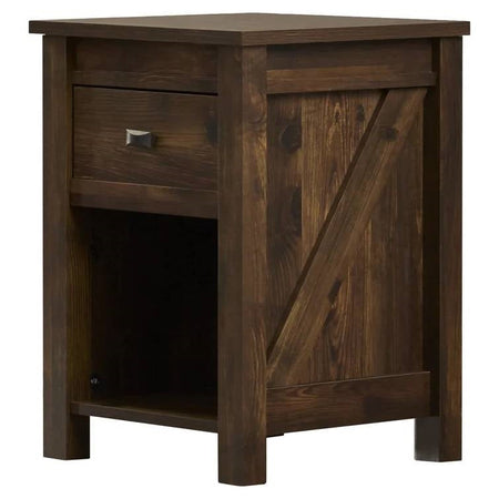 Farmhouse 1-Drawer Bedroom Nightstand with Open Shelf in Rustic Pine Finish
