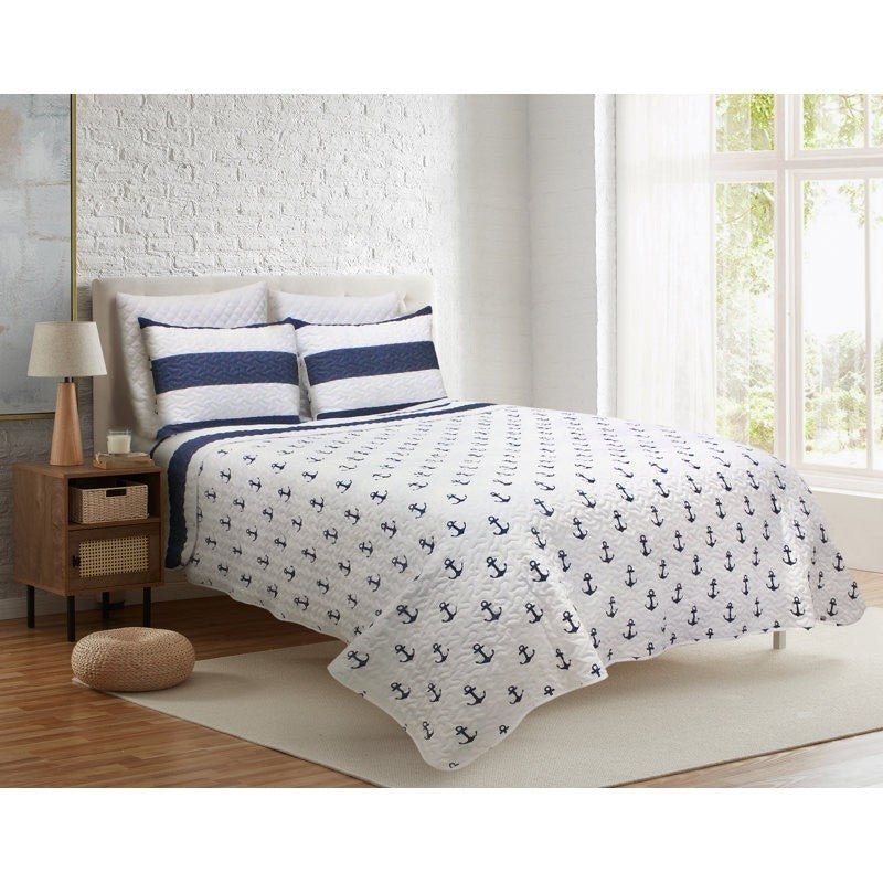 3 Piece Nautical Stripped/Anchors Reversible Microfiber Quilt Set Navy, Full/Queen