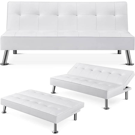White Faux Leather Click Clack Adjustable Futon Sleeper Sofa