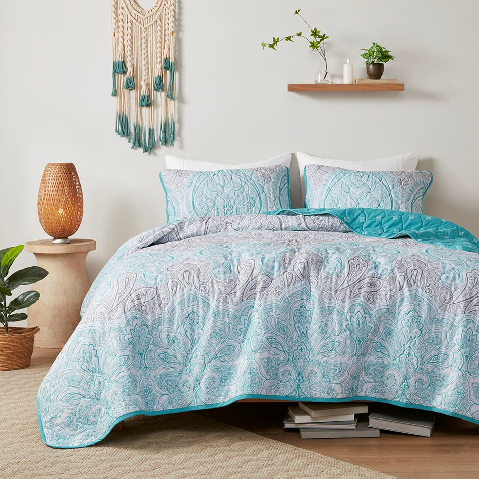 Cardi 3 Piece Reversible Cotton Coverlet Set - Teal - Full Size / Queen Size