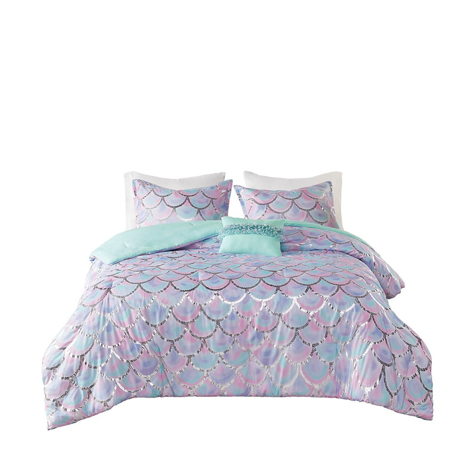 Pearl Metallic Printed Reversible Comforter Set - Aqua / Purple - Full Size / Queen Size