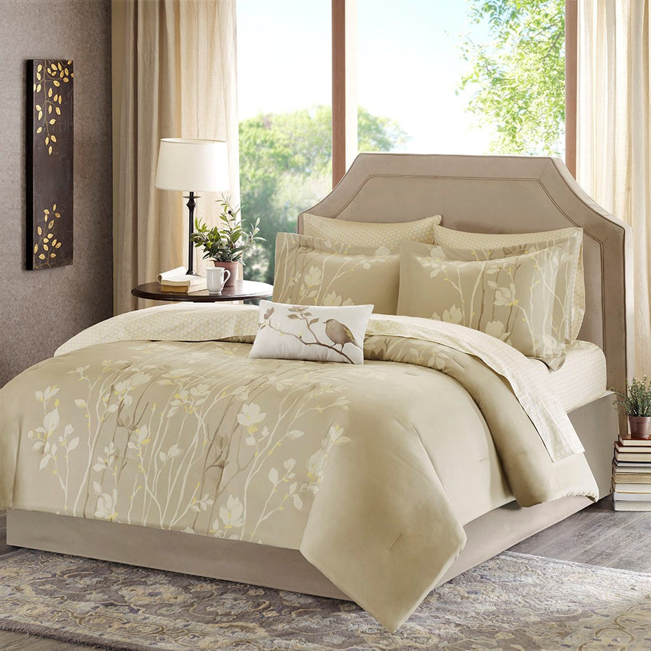 Vaughn 9 Piece Comforter Set with Cotton Bed Sheets - Taupe - King Size