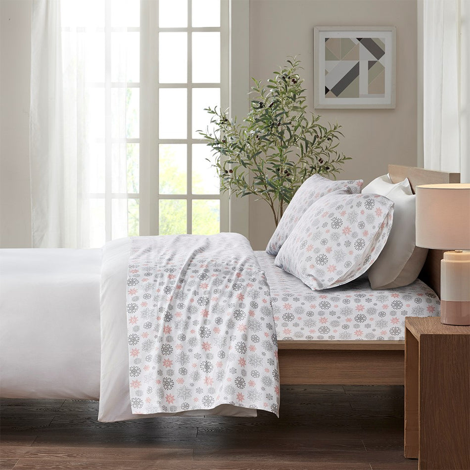 True North by Sleep Philosophy Cozy Cotton Flannel Printed Sheet Set - Pink / Grey Snowflakes  - Twin XL Size Shop Online & Save - ExpressHomeDirect.com