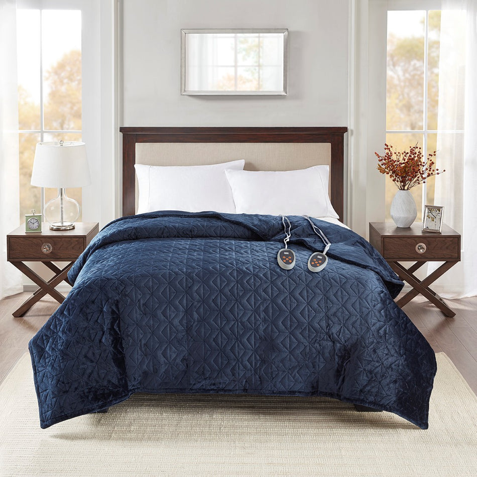 Beautyrest Quilted Plush Heated Blanket - Navy - King Size