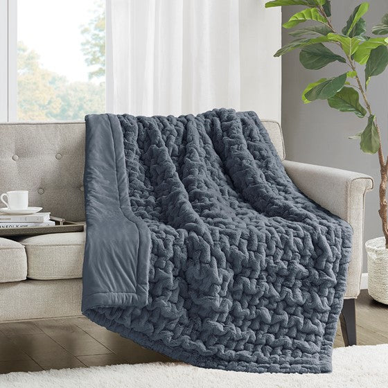 Madison Park Ruched Fur Throw - Slate Blue - 50x60"