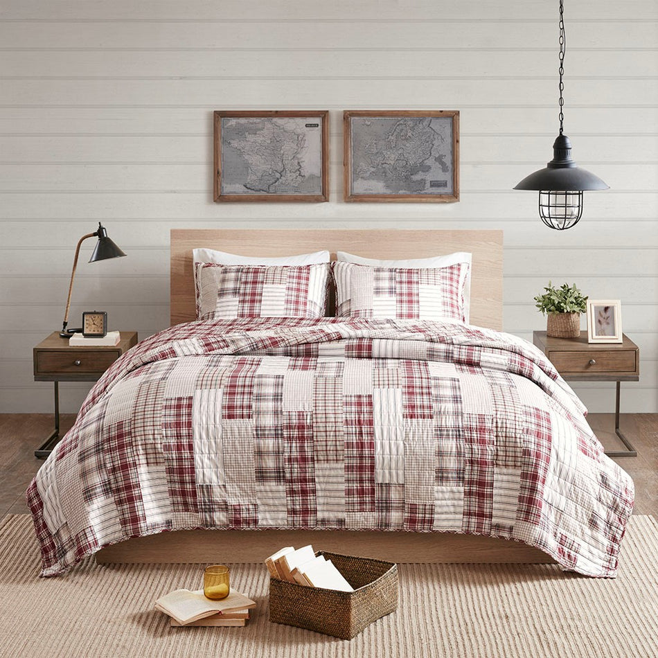 Montana 3 Piece Reversible Printed Coverlet Set - Red / Beige - Full Size / Queen Size