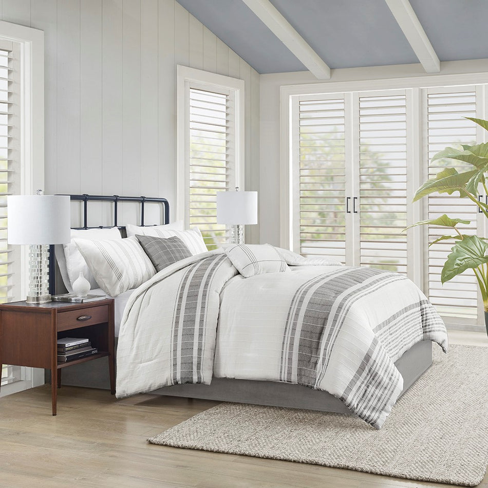 Harbor House Morgan 6 Piece Cotton Jacquard Oversized Comforter Set - White / Grey - Cal King Size