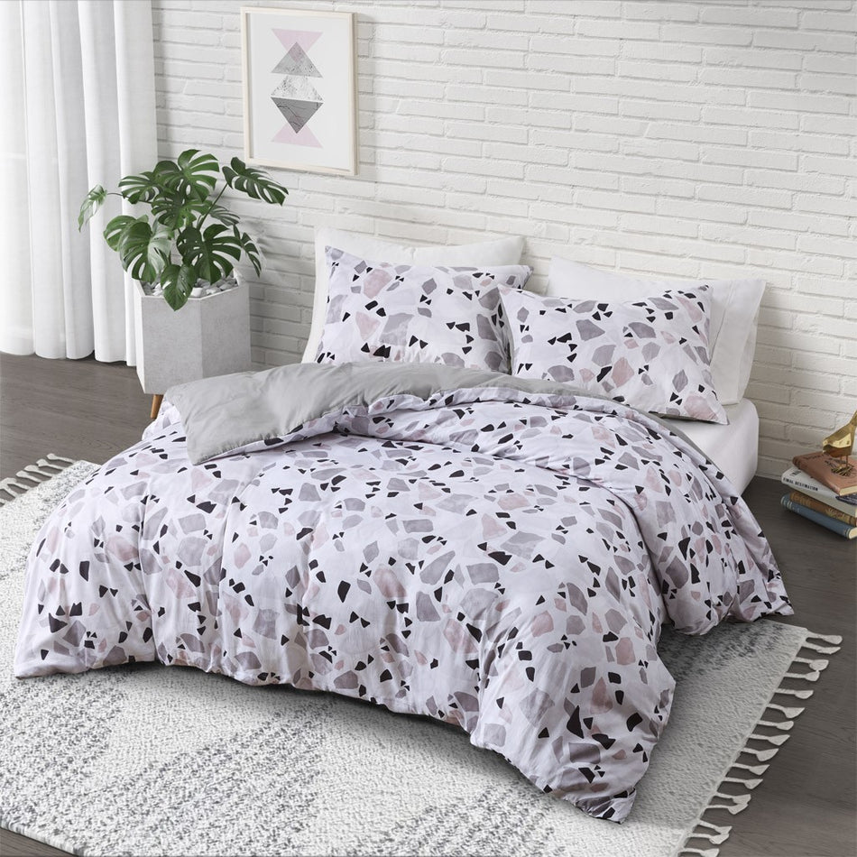 CosmoLiving Terrazzo Cotton Printed Duvet Cover Set - Blush / Grey - Full Size / Queen Size