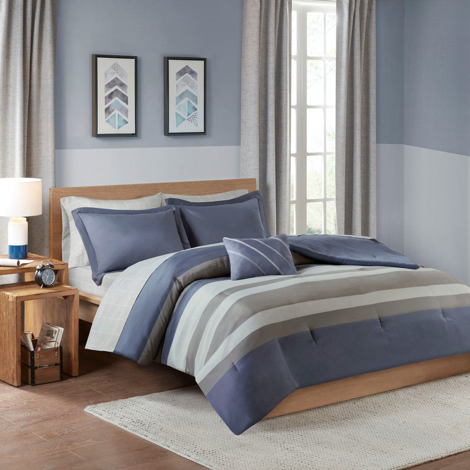 Marsden Striped Comforter Set with Bed Sheets - Blue / Grey - Queen Size