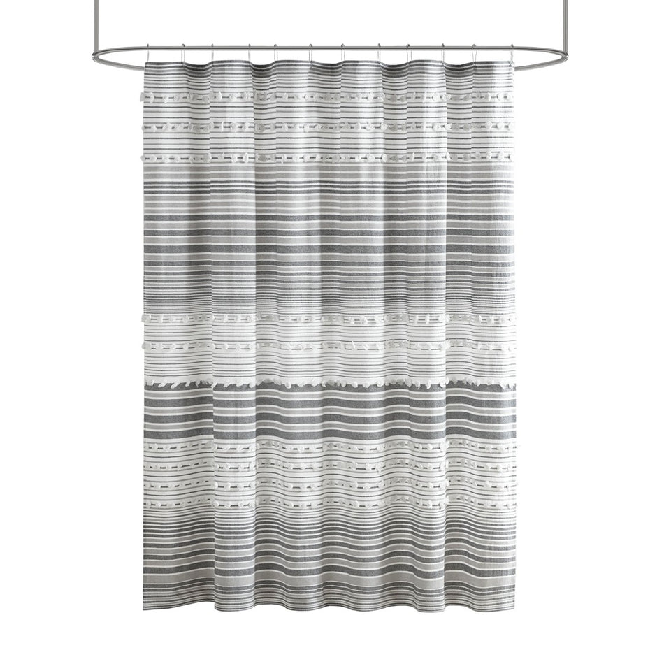 Calum Cotton Yarn Dye Shower Curtain with Pom Poms - Grey - 70x72"