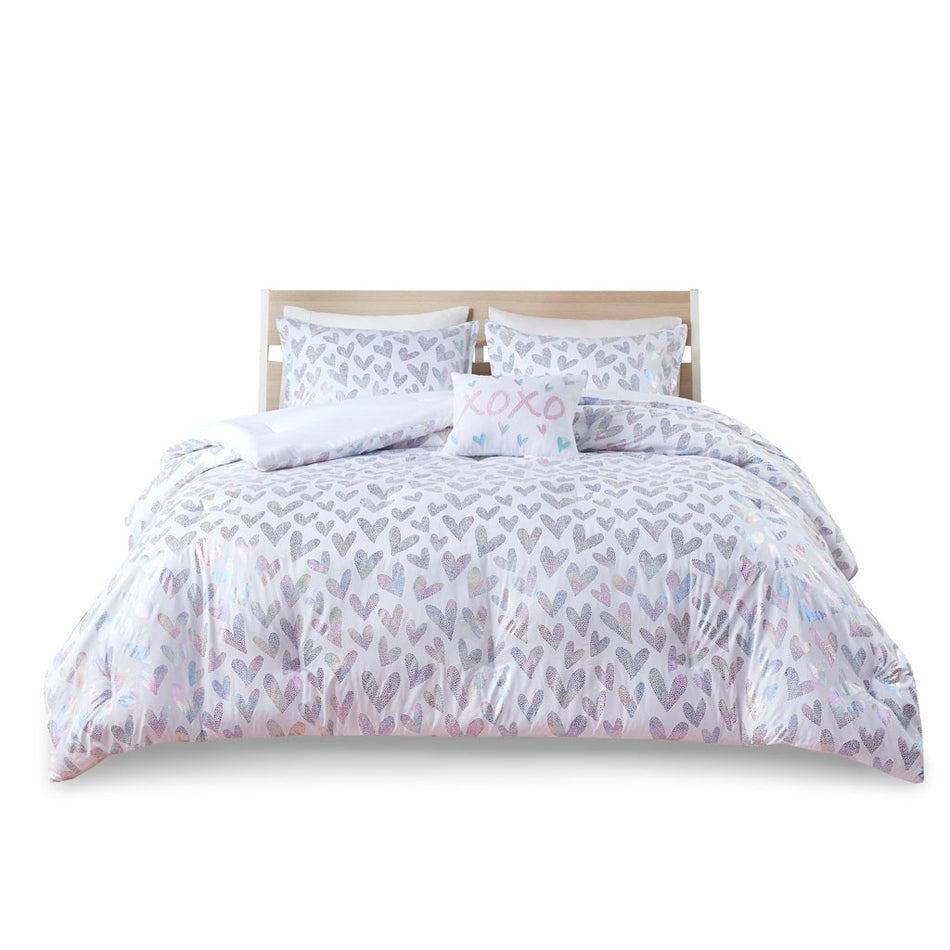 Kristie Iridescent Metallic Heart Printed Comforter Set - Multicolor - Twin Size / Twin XL Size