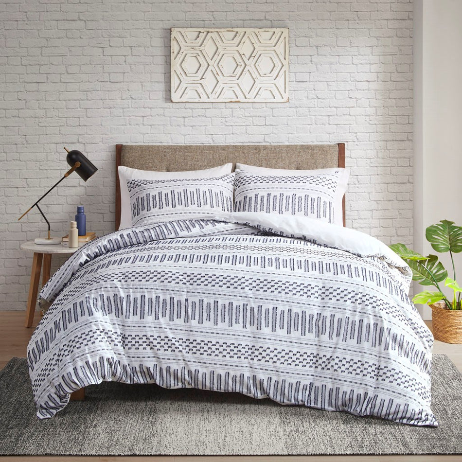 Rhea Cotton Jacquard Comforter Mini Set - Off-White / Navy - Full Size / Queen Size