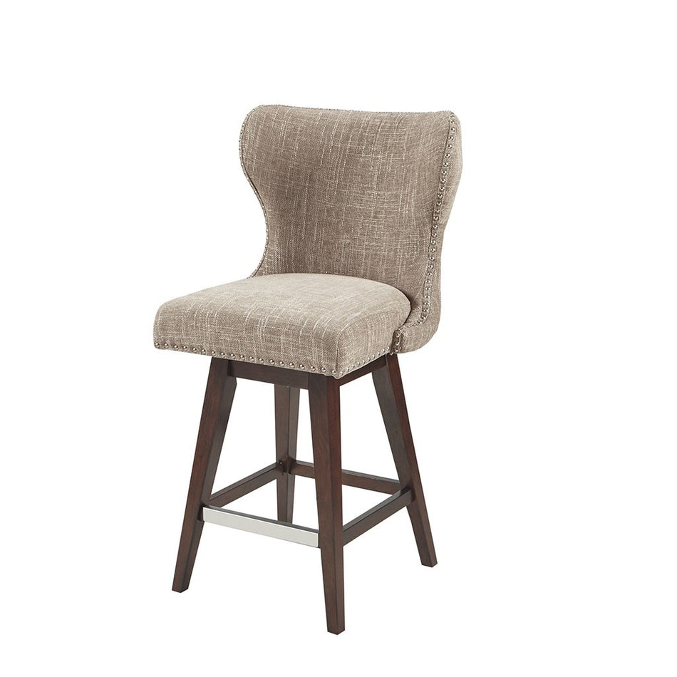 Hancock High Wingback Button Tufted Upholstered 27" Swivel Counter Stool with Nailhead Accent - Camel / Brown