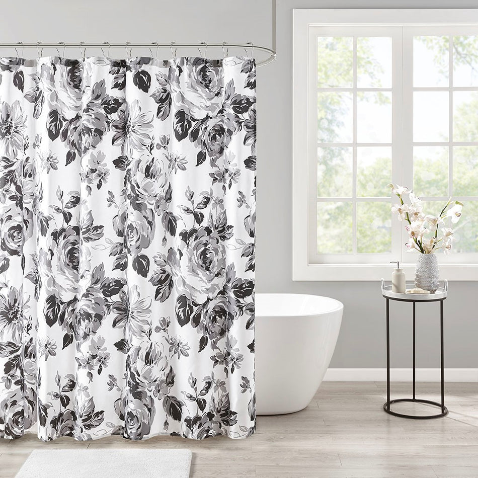 Intelligent Design Dorsey Floral Printed Shower Curtain - Black / White - 72x72"