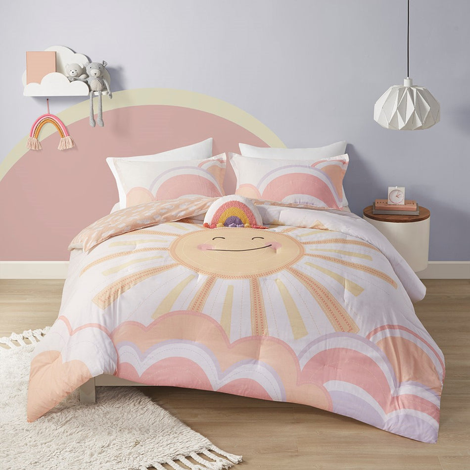 Dawn Sunshine Printed Reversible Comforter Set - Yellow / Coral - Full Size / Queen Size