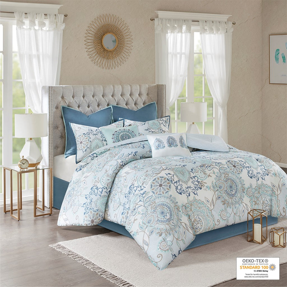 Madison Park Isla 8 Piece Cotton Floral Printed Reversible Comforter Set - Blue - Queen Size